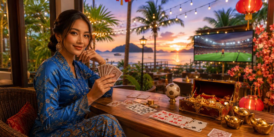 Wanita berbaju kurung menikmati permainan kad rummy di Langkawi dengan suasana kasual dan mesra