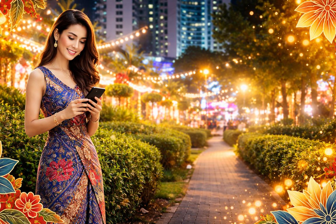 Pemain menggunakan telefon mudah alih untuk bermain kasino di Petaling Jaya dengan corak batik tempatan